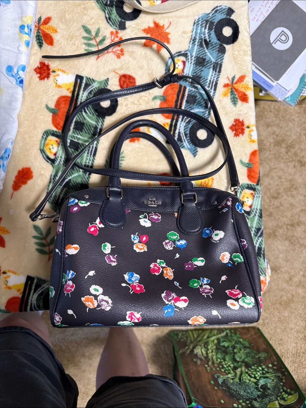 Coach Black Leather Satchel with Multicolor Floral Print